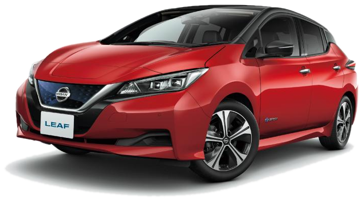 赤い日産 リーフの斜め前からの外観
